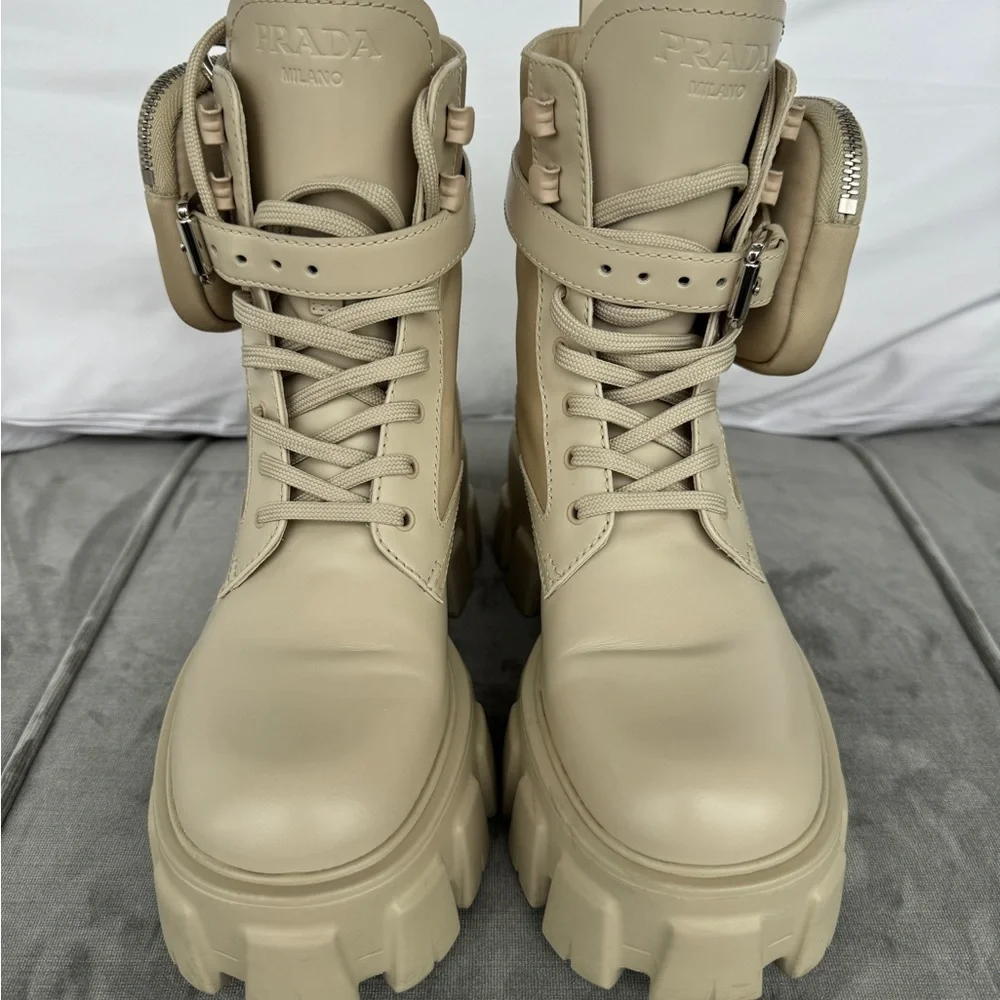 Prada Beige Monolith Combat Boots Leather & Re-Nylon With Pouch | Size 36 - Picture 2 of 10